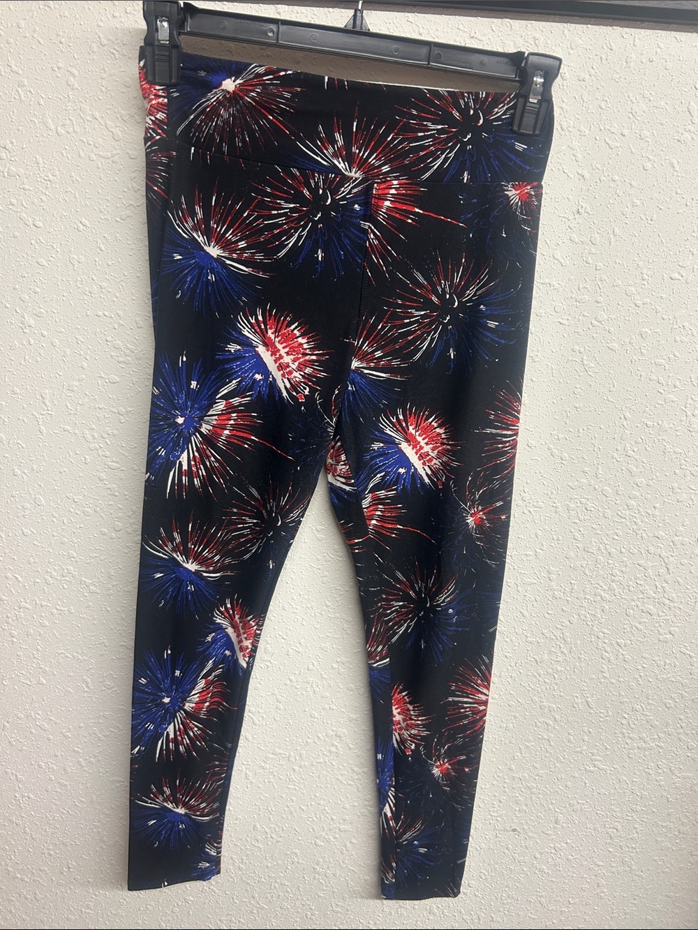 LuLaRoe Black Leggings with Red, White & Blue Firework Print